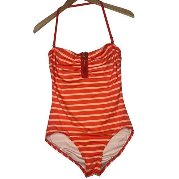 Michael Michael Kors Coral Striped Strapless ZipUp One Piece Swim Sz 8 Hamptons - Picture 2 of 10